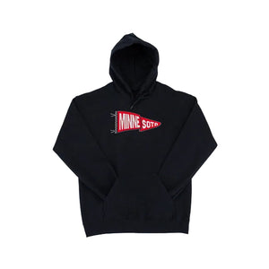 A black pullover hoodie with a red and white Minnesota flag pennant graphic on the chest, displayed flat against a white background.
