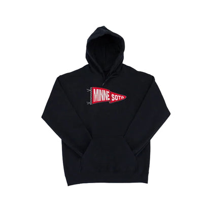 A black pullover hoodie with a red and white Minnesota flag pennant graphic on the chest, displayed flat against a white background.