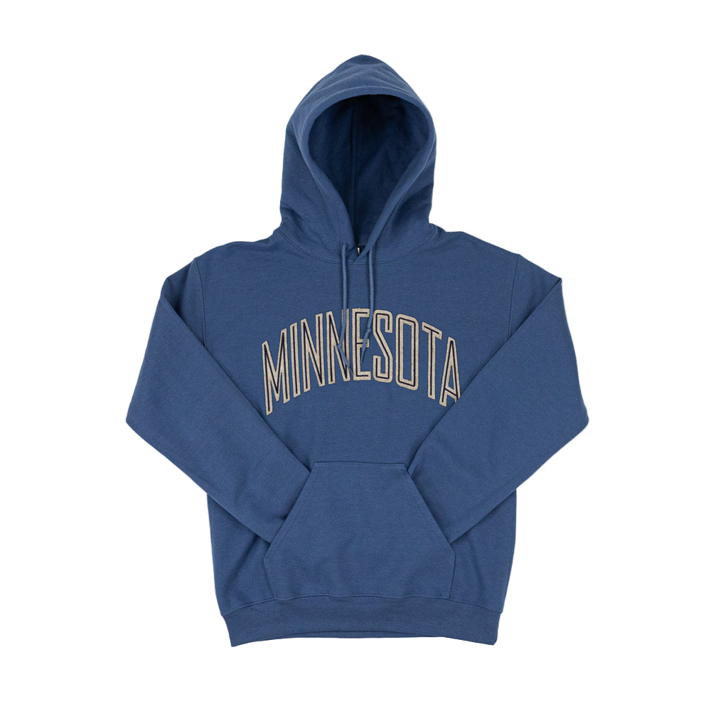Blue hoodie with 'MINNESOTA' text on a white background