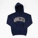 Navy blue hoodie with 'MINNESOTA' text on a white background