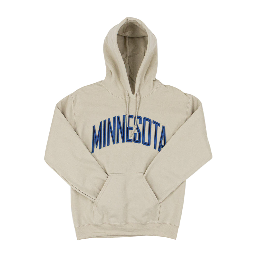 Beige hoodie with 'MINNESOTA' printed in blue on a white background