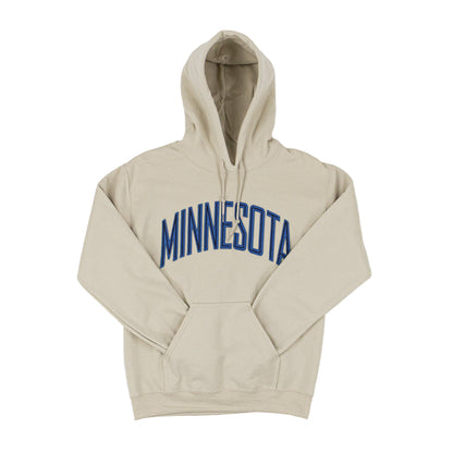Beige hoodie with 'MINNESOTA' printed in blue on a white background
