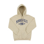 Sand-colored hoodie with 'Minneapolis MN 1867' text in blue across the front on a white background