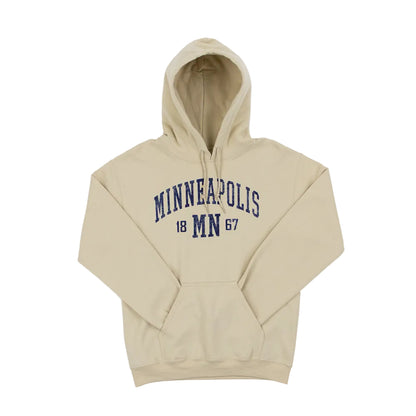 Sand-colored hoodie with 'Minneapolis MN 1867' text in blue across the front on a white background