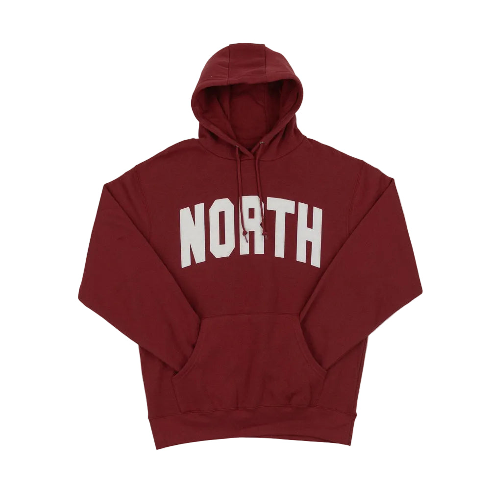 Maroon hoodie with 'NORTH' text on a white background