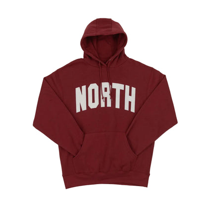 Maroon hoodie with 'NORTH' text on a white background