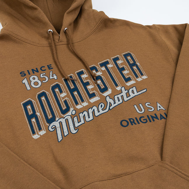 Brown hoodie with 'Rochester Minnesota Since 1854 USA Original' text on a white background