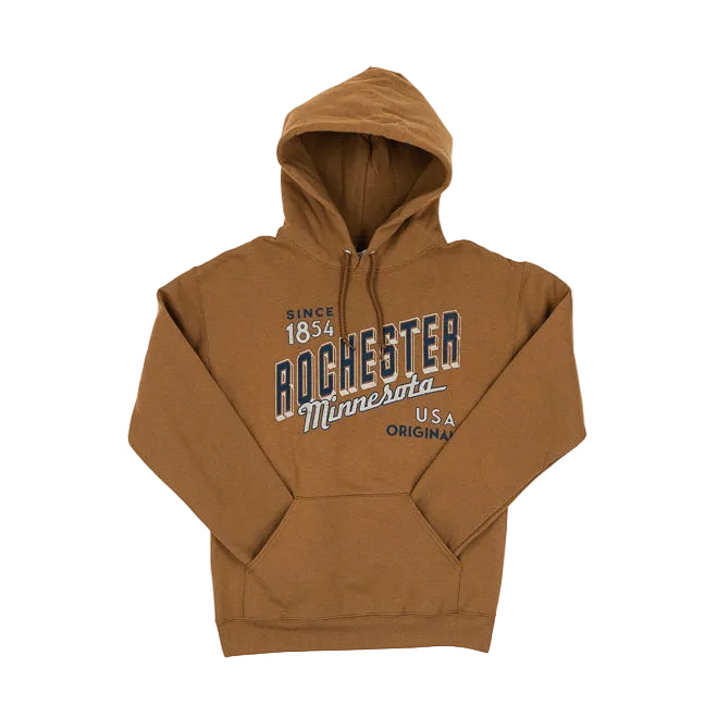 Brown hoodie with 'Rochester Minnesota Since 1854 USA Original' text on a white background