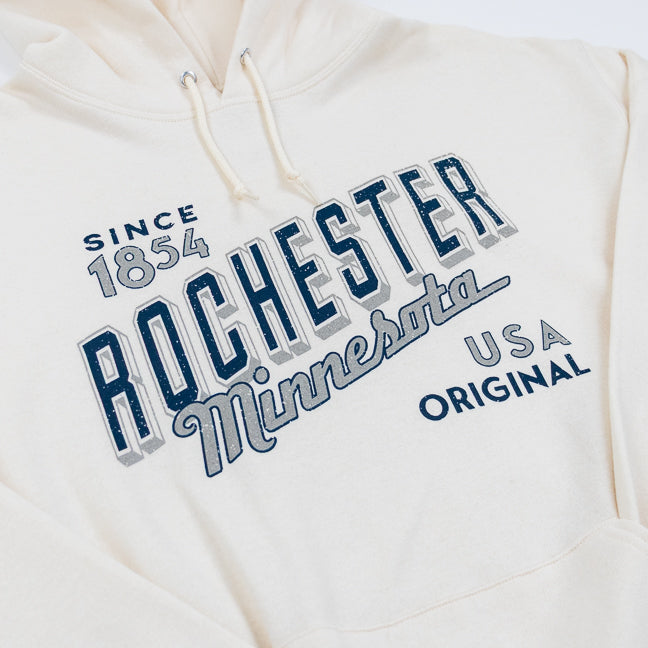 Beige hoodie with 'Rochester Minnesota Since 1854 USA Original' text on a white background