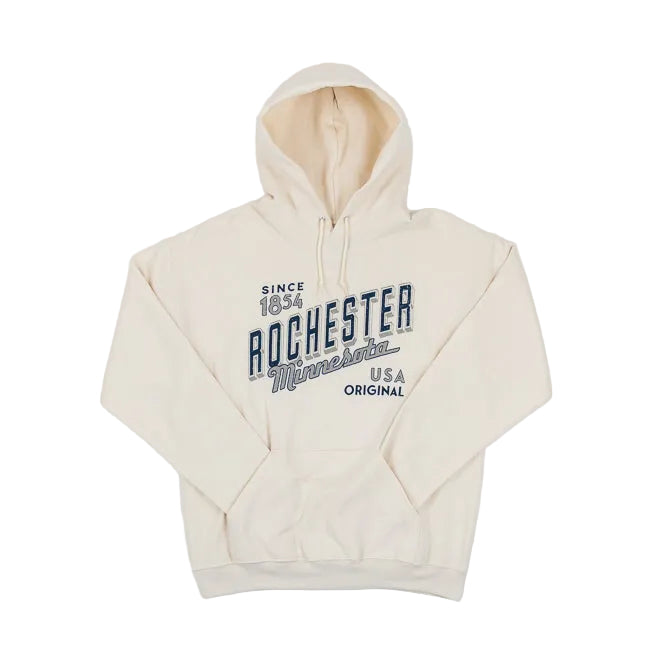 Beige hoodie with 'Rochester Minnesota Since 1854 USA Original' text on a white background