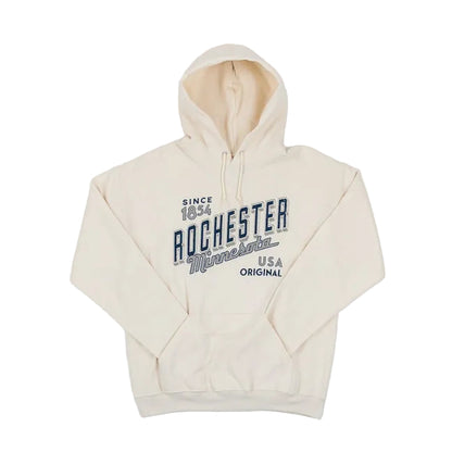 Beige hoodie with 'Rochester Minnesota Since 1854 USA Original' text on a white background
