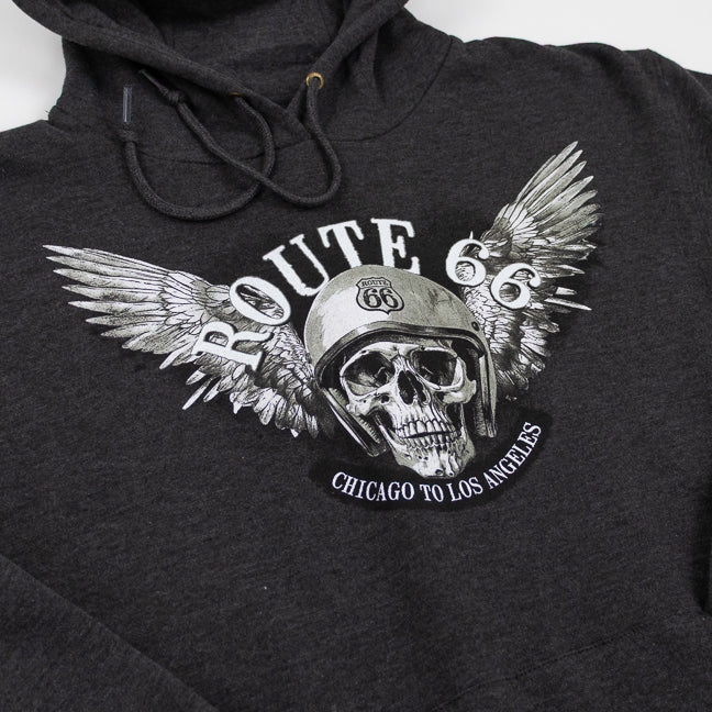 Black hoodie with Route 66 skull design on a white background