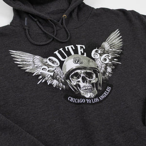 Black hoodie with Route 66 skull design on a white background