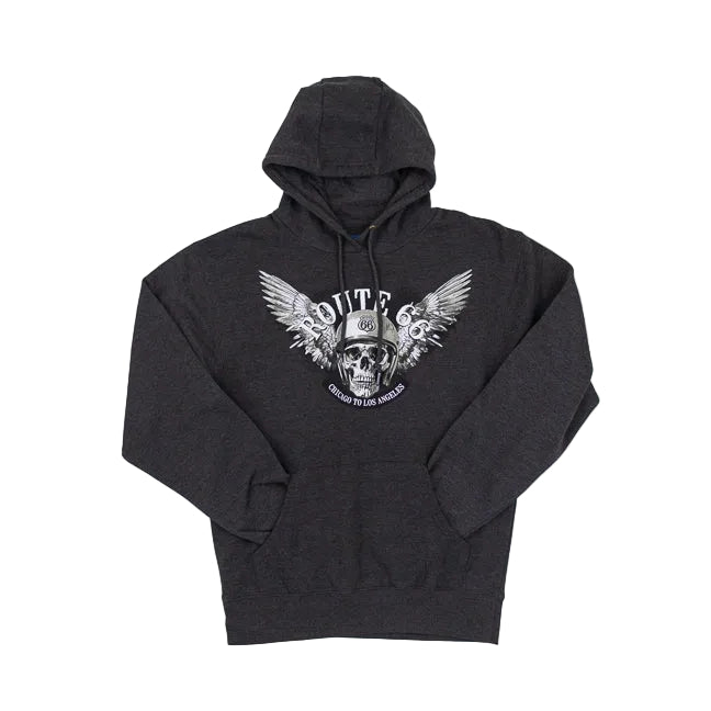 Dark gray hoodie with a skull, wings and Route 66 text graphic on a white background