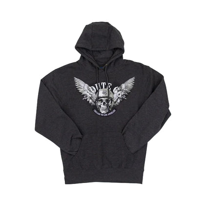 Dark gray hoodie with a skull, wings and Route 66 text graphic on a white background