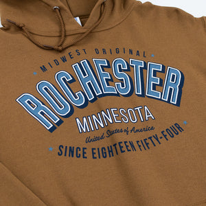Golden Pecan hoodie with 'Rochester Minnesota' text on a white background