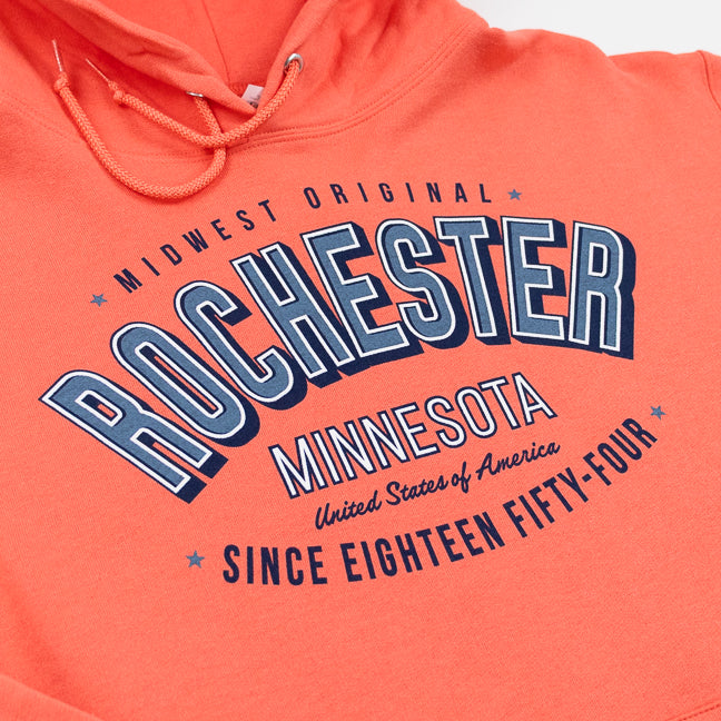 Sunset Coral hoodie with 'Rochester Minnesota' text on a white background