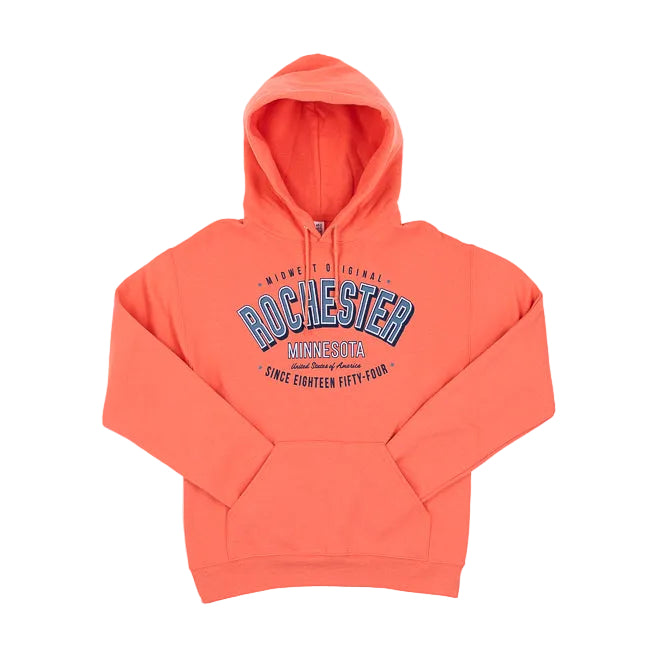 Sunset Coral hoodie with 'Rochester Minnesota' text on a white background