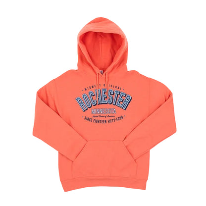 Sunset Coral hoodie with 'Rochester Minnesota' text on a white background
