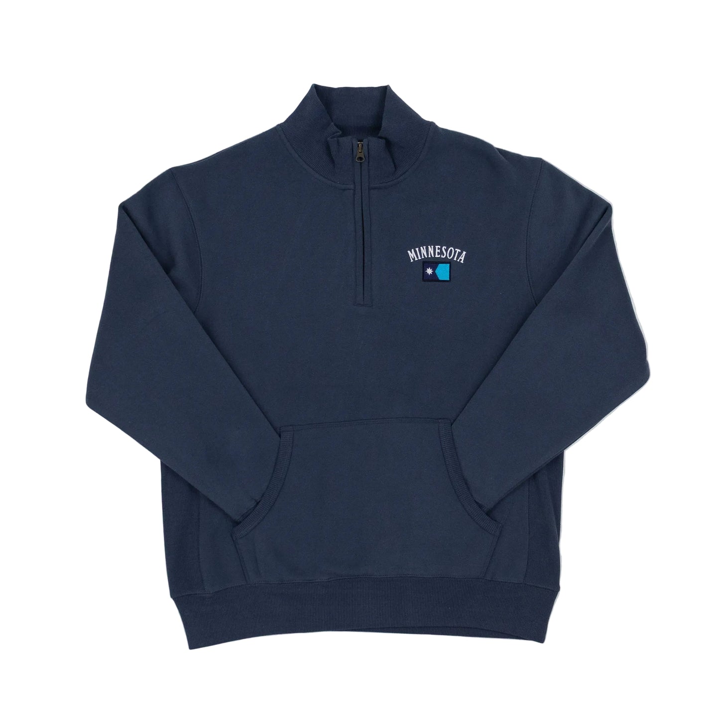 Navy blue half-zip sweatshirt with 'Minnesota' logo on a white background