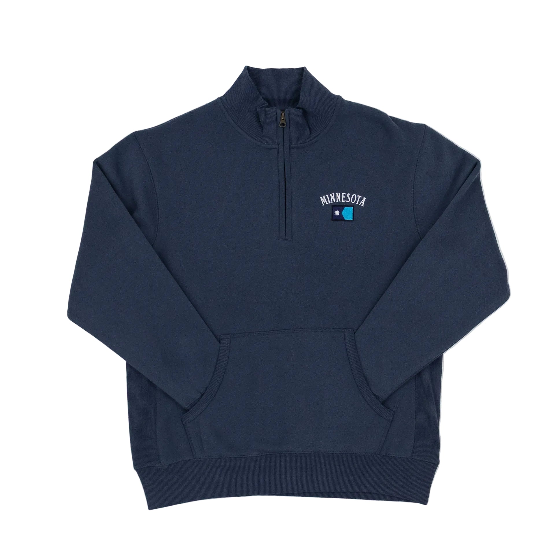 Navy blue half-zip sweatshirt with 'Minnesota' logo on a white background