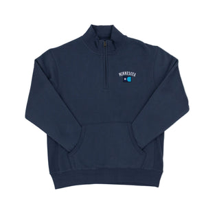 Navy blue half-zip sweatshirt with 'Minnesota' logo on a white background