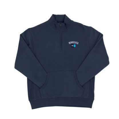 Navy blue half-zip sweatshirt with 'Minnesota' logo on a white background