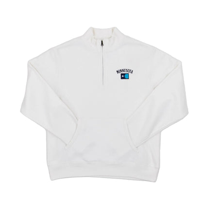 White half-zip sweatshirt with 'Minnesota' logo on a white background