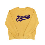 A mustard yellow sweatshirt with Minnesota and an athletic swoosh underneath, set against a white background.