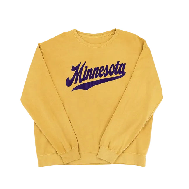 A mustard yellow sweatshirt with Minnesota and an athletic swoosh underneath, set against a white background.