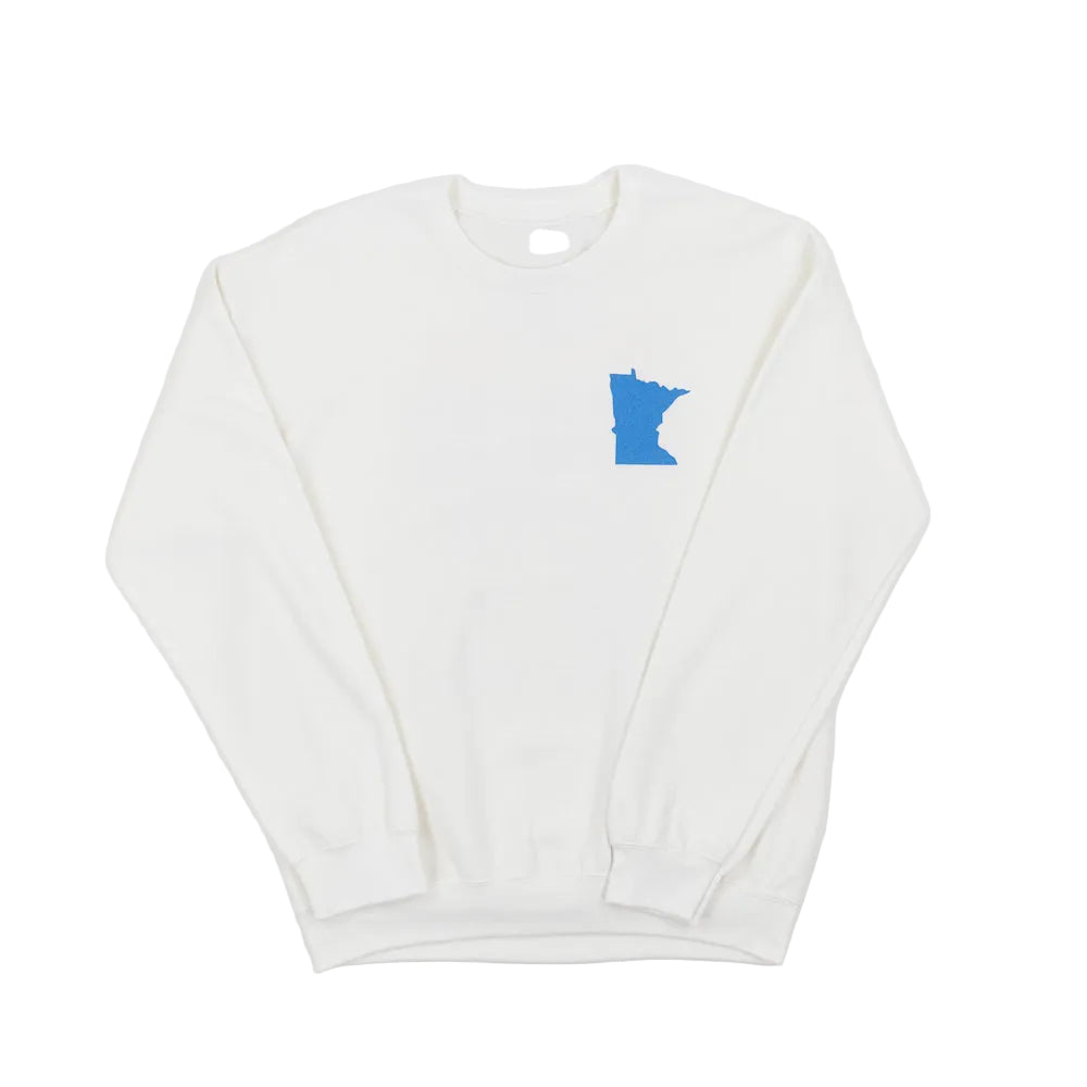 White sweatshirt with a blue Minnesota outline on a white background