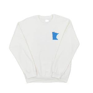 White sweatshirt with a blue Minnesota outline on a white background