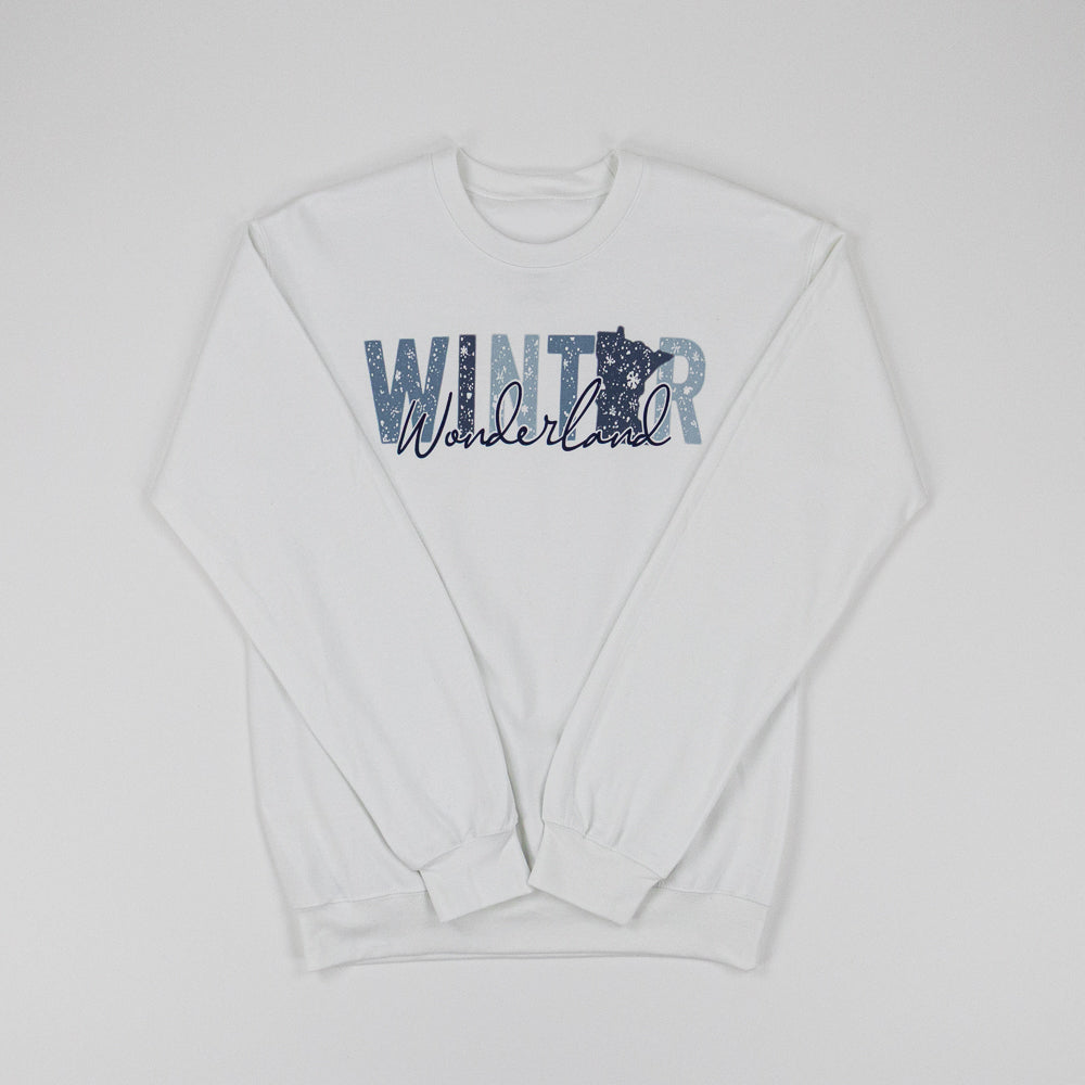White sweatshirt with 'Winter Wonderland' text on a white background