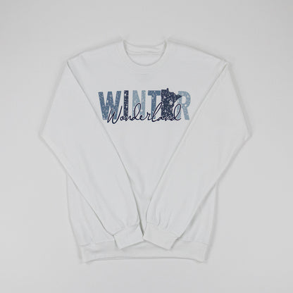 White sweatshirt with 'Winter Wonderland' text on a white background