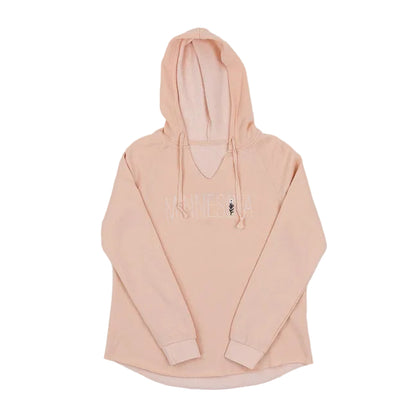 Blush pink hoodie with MINNESOTA text and a floral design on a white background