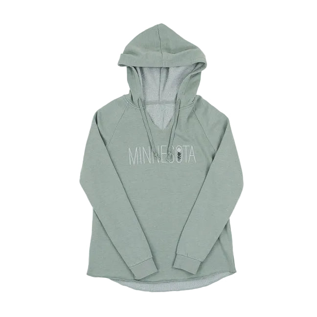 Sage green hoodie with 'MINNESOTA' text and a wildflower on a white background