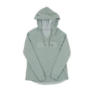 Sage green hoodie with 'MINNESOTA' text and a wildflower on a white background