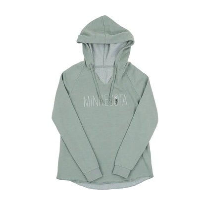 Sage green hoodie with 'MINNESOTA' text and a wildflower on a white background