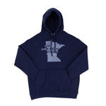 Navy hooded sweatshirt with an outline of the shape of Minnesota and text that reads "I'm Freakin' Cold."