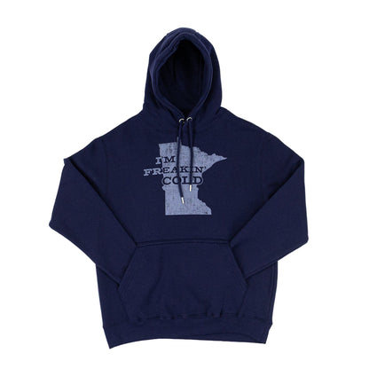 Navy hooded sweatshirt with an outline of the shape of Minnesota and text that reads "I'm Freakin' Cold."