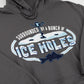 Grey hooded sweatshirt with a wintry ice fishing scene and text that reads "Surrounded by a bunch of ice holes" against a white background.