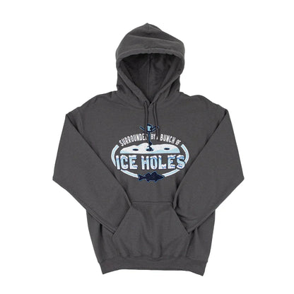 Grey hooded sweatshirt with a wintry ice fishing scene and text that reads "Surrounded by a bunch of ice holes" against a white background.