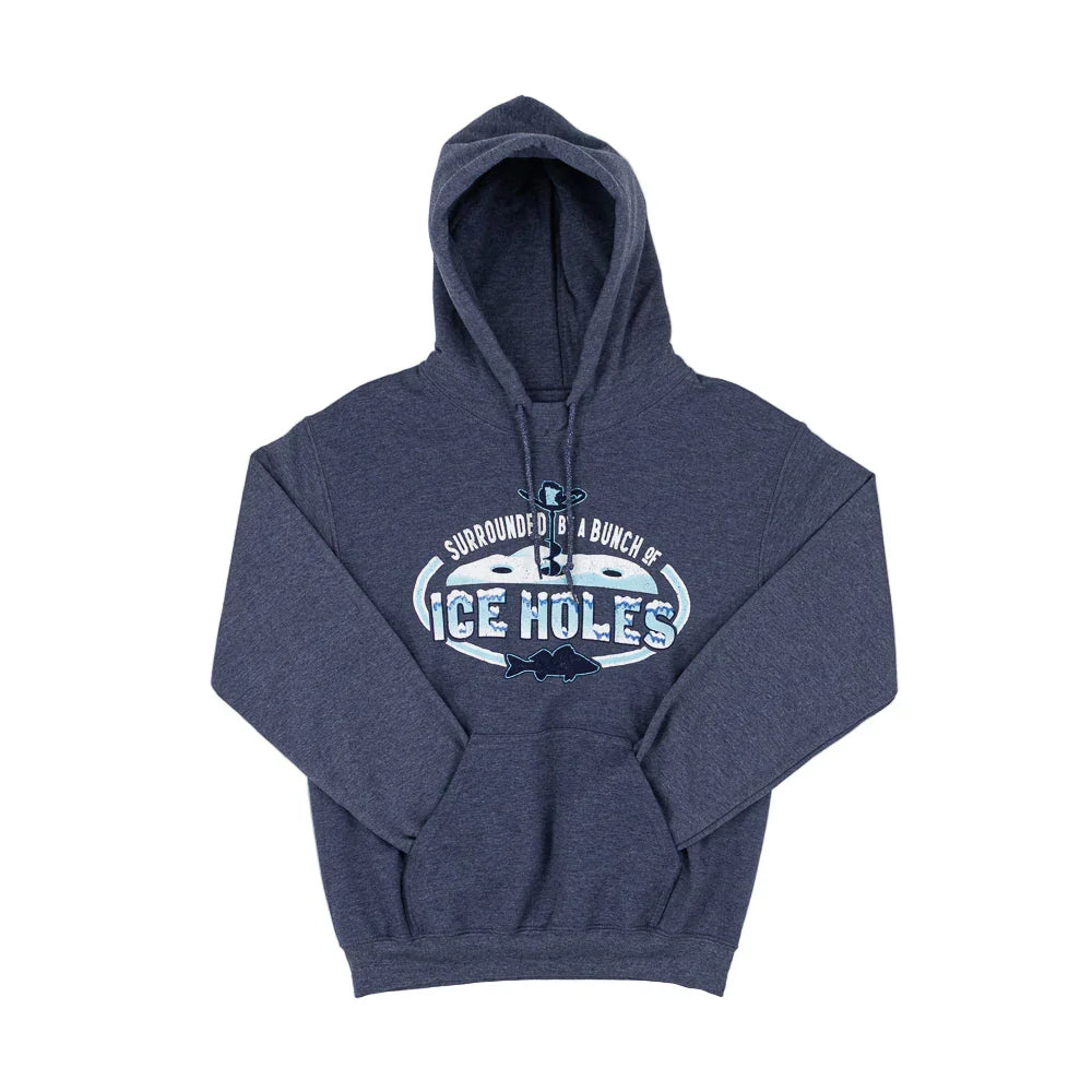 Blue/grey hooded sweatshirt with a wintry ice fishing scene and text that reads "Surrounded by a bunch of ice holes" against a white background.