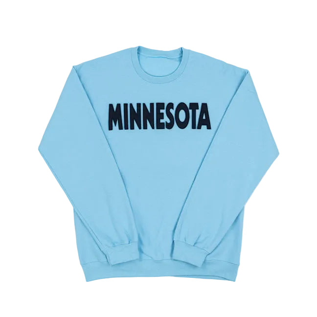 Light blue sweatshirt with 'MINNESOTA' text on a white background