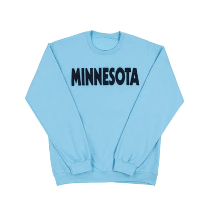 Light blue sweatshirt with 'MINNESOTA' text on a white background