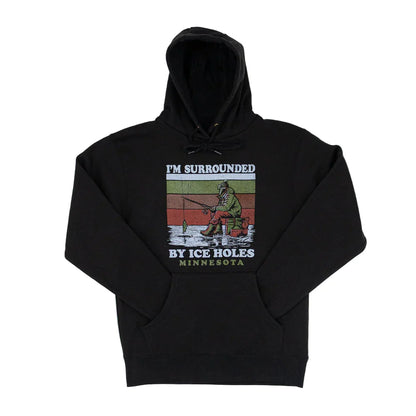 A black sweatshirt featuring a wintry ice fishing scene. Text reads "I'm surrounded by Ice Holes" and "Minnesota."