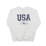 White sweatshirt that reads "USA Minnesota Est. 1858" in red and blue text with a waving American flag against a white background.