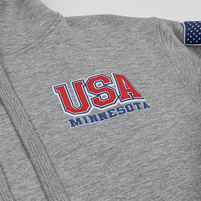 Gray sweatshirt with 'USA Minnesota' text on a plain background