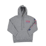 Gray hoodie with 'USA Minnesota' text and flag designs on a white background