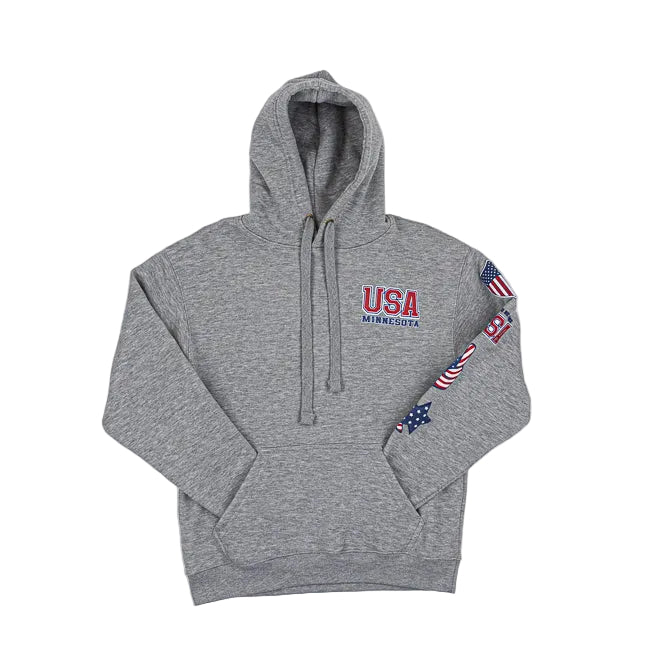 Gray hoodie with 'USA Minnesota' text and flag designs on a white background